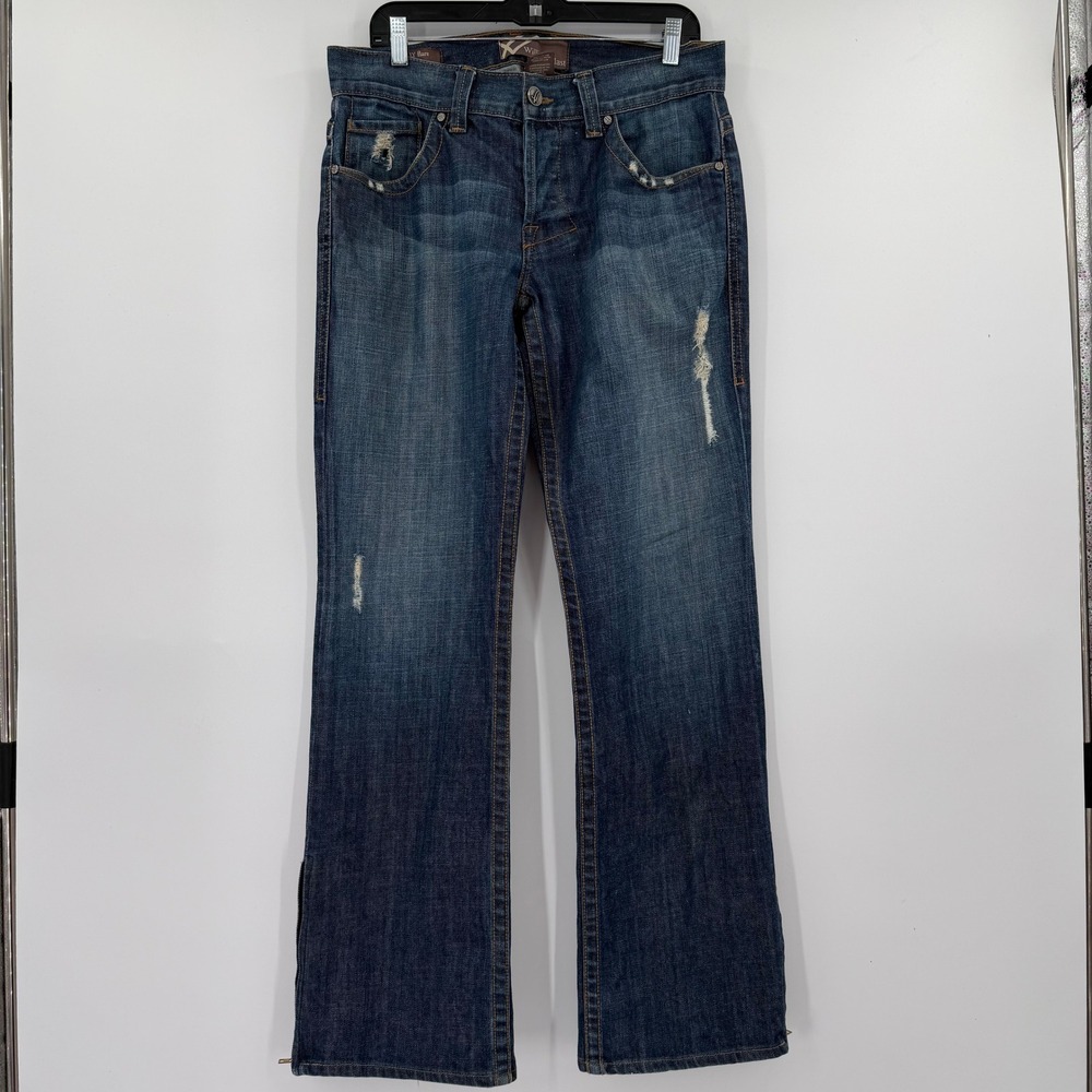 Vintage William Rast Billy Flare Leg Distressed Dark Wash Denim Jeans Size 32